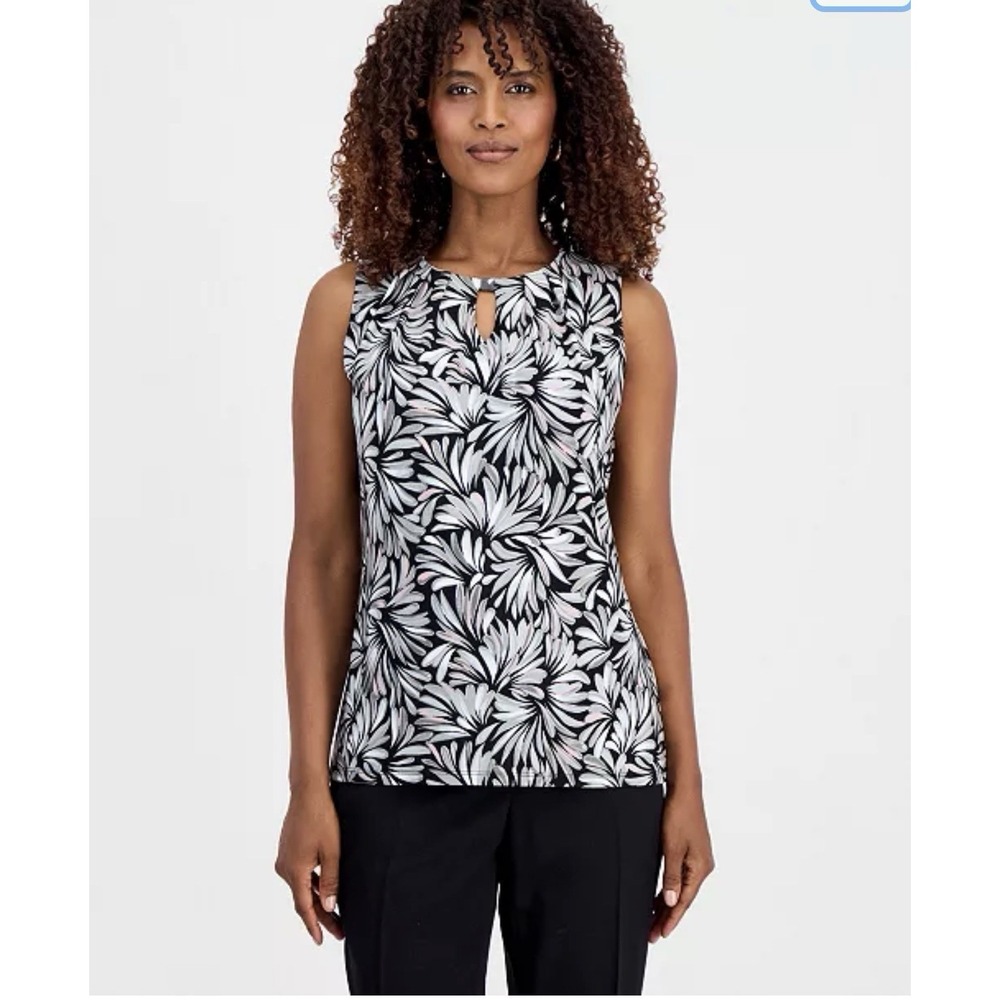 Kasper Floral Knit Sleeveless Blouse L Black/Gray/Pink Keyhole Round Neck